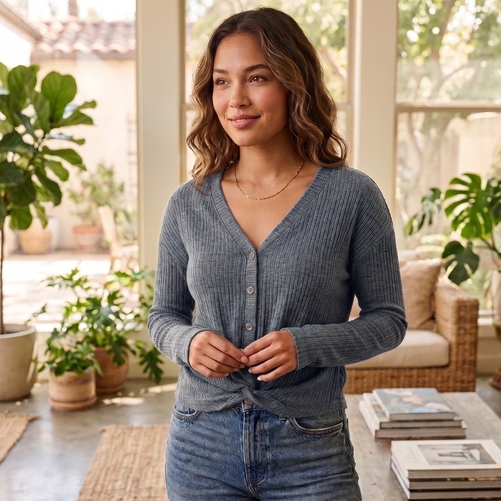 SO Ribbed Twist Front Button Down Cardigan Top Blue XS Long Sleeve V-Neck